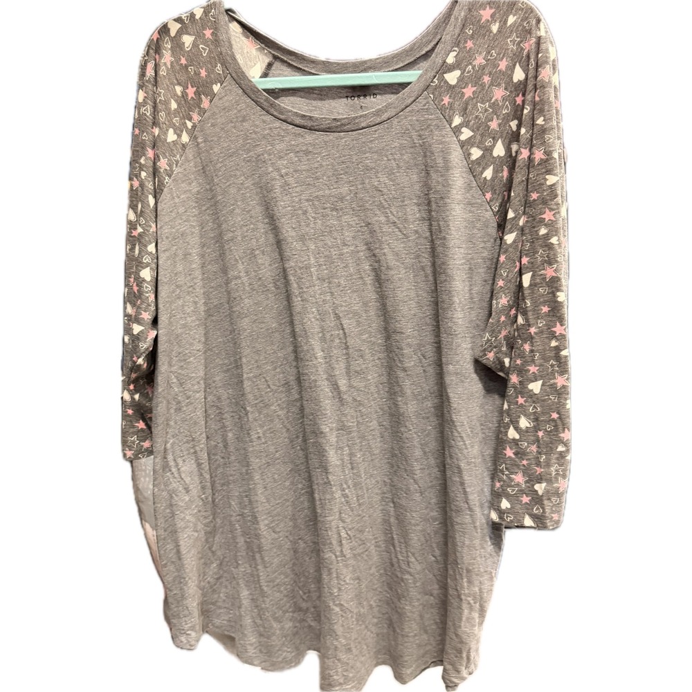 Torrid Womens Gray Raglan Sleep Top Stars Hearts Print 3/4 Sleeve Size 4 4X